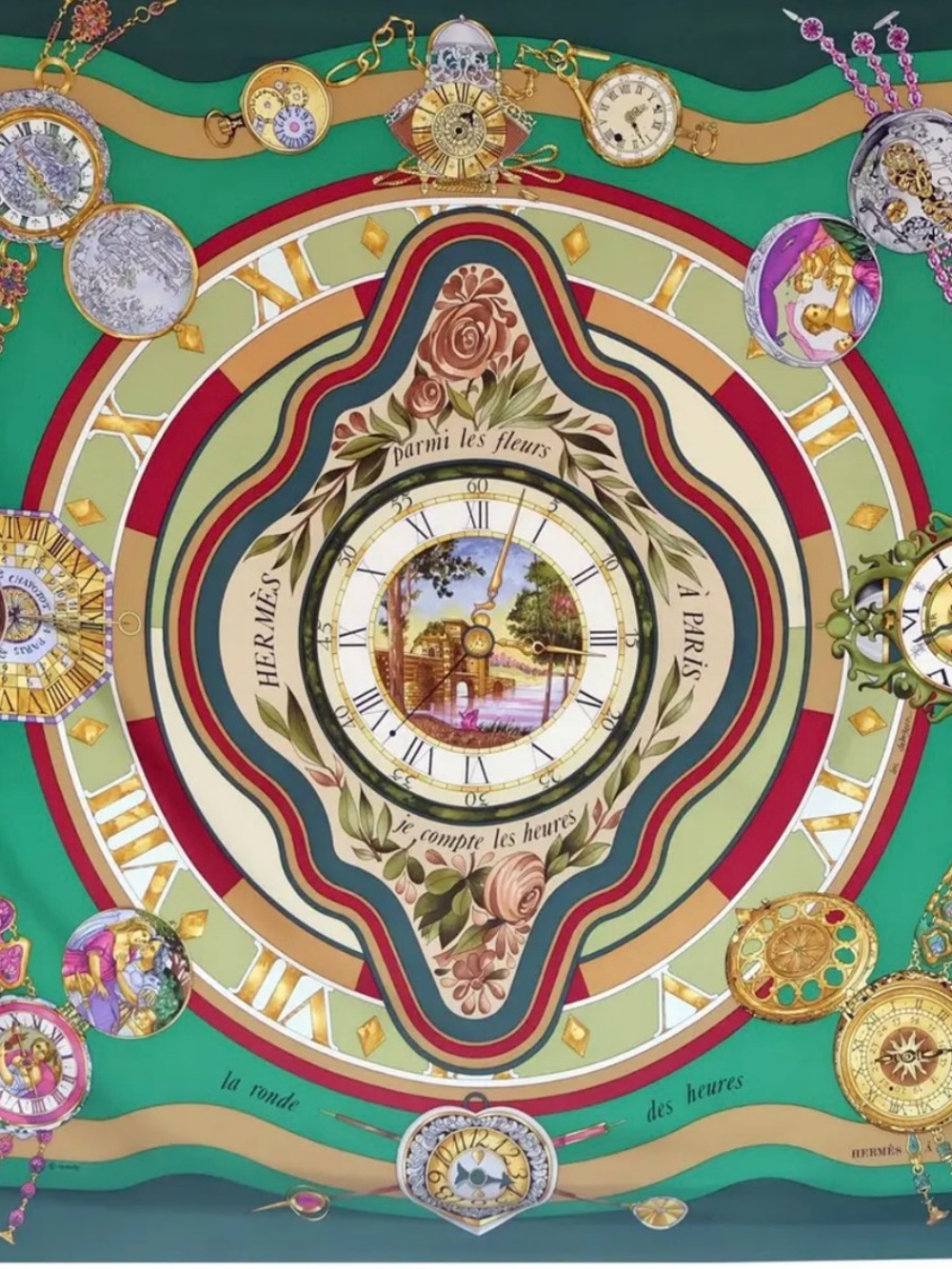 Hermes Green, Gold & Red Clock Medallion Silk Scarf